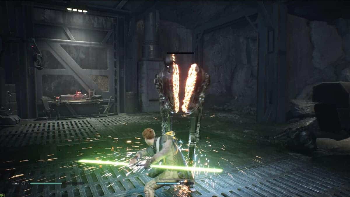 Cal Kestis in combat with an Imperial Security Droid