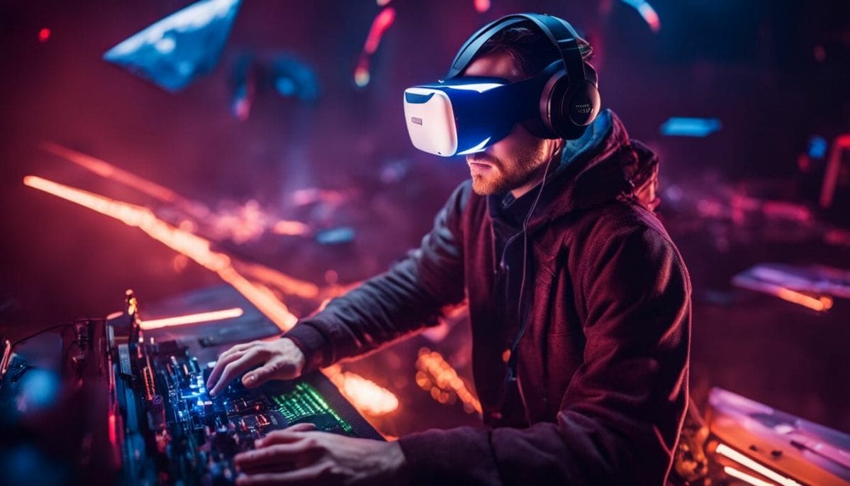 A gamer immersed in virtual reality, surrounded by futuristic graphics and intense gaming action.