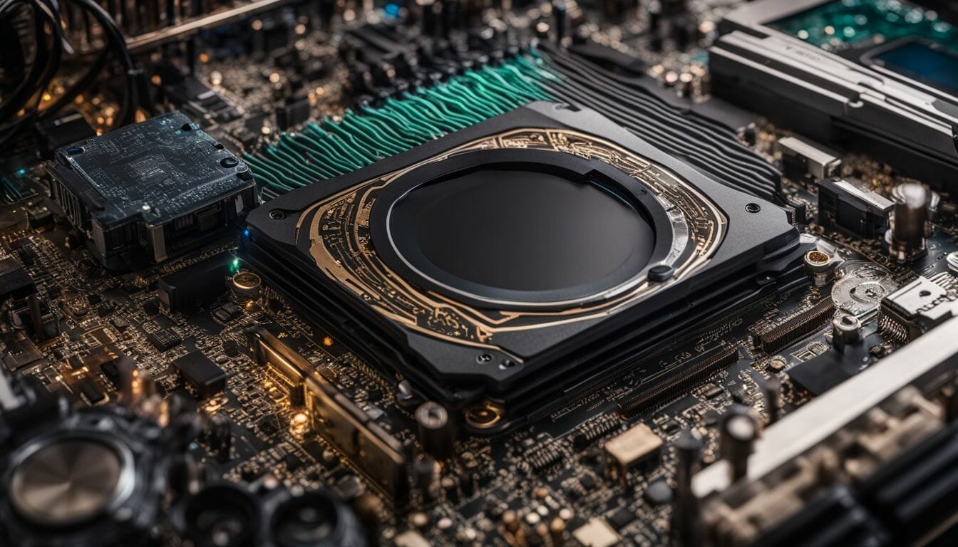 A powerful GPU surrounded by intricate circuitry and diverse faces. A powerful GPU surrounded by intricate circuitry and diverse faces.