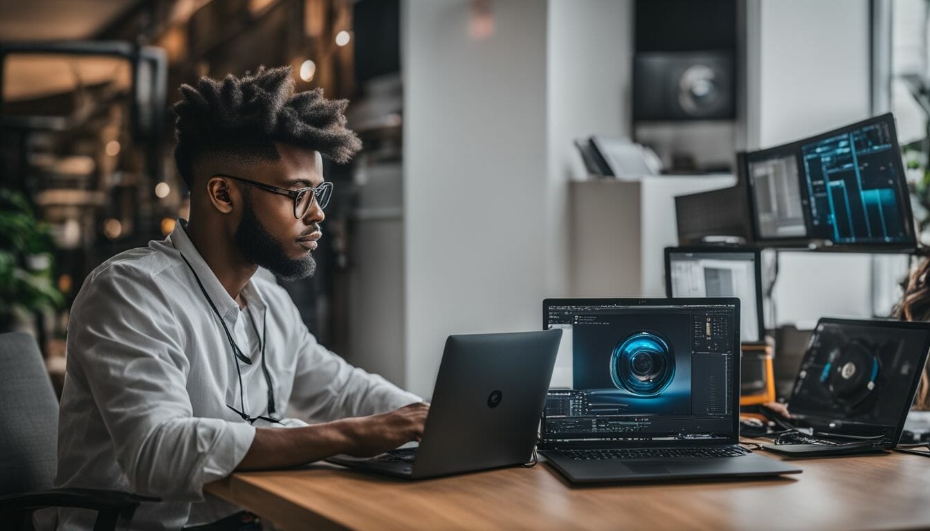 Computer technician holding storage drives with computers in background.