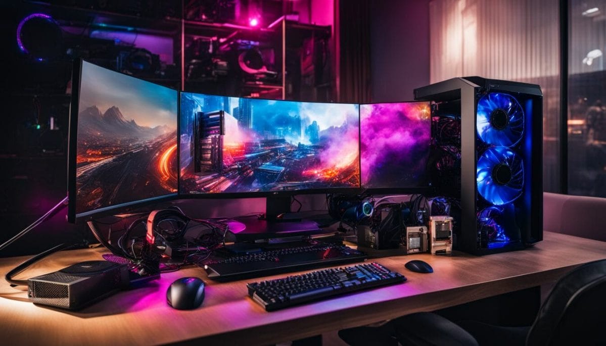 A high-performance gaming PC surrounded by cooling fans on a futuristic desk.