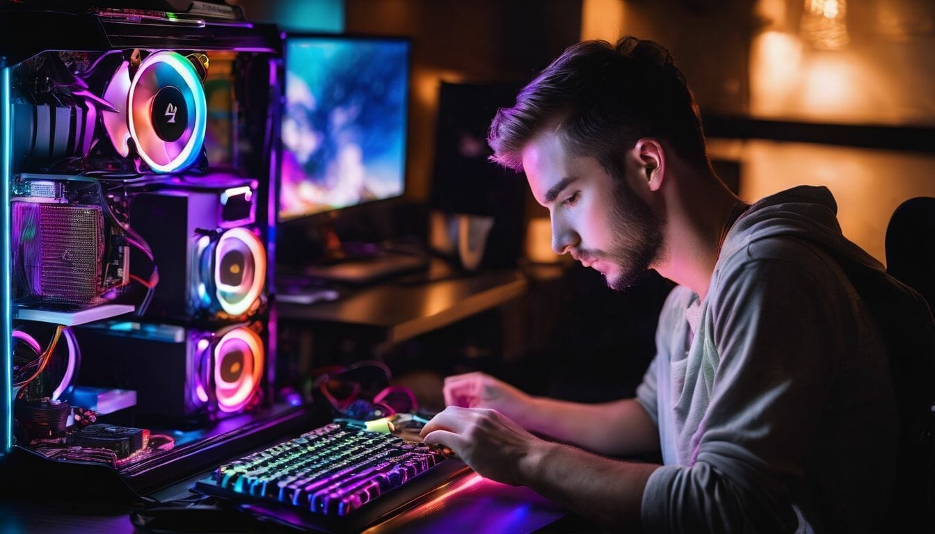 A person assembling a gaming PC with colorful LED fans.