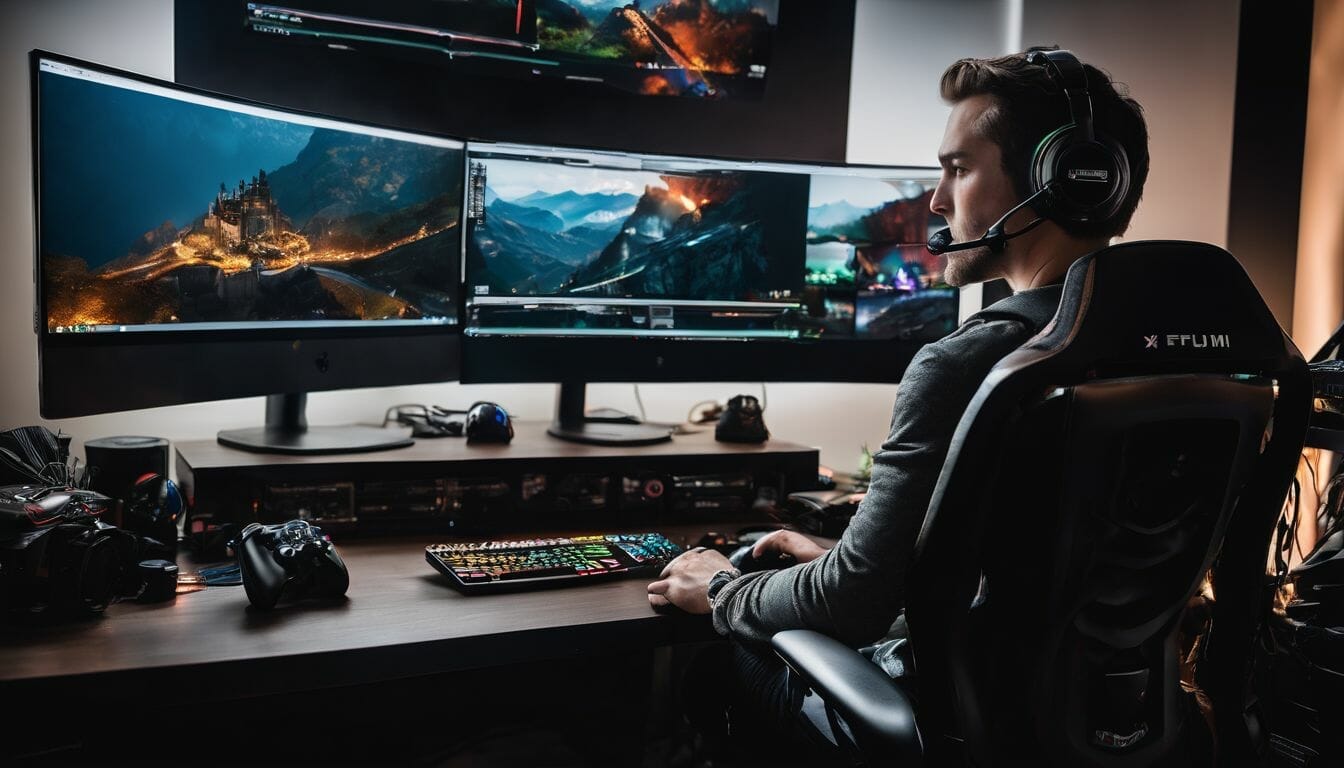 A Caucasian person sitting at a gaming computer desk with equipment. A Caucasian person sitting at a gaming computer desk with equipment.