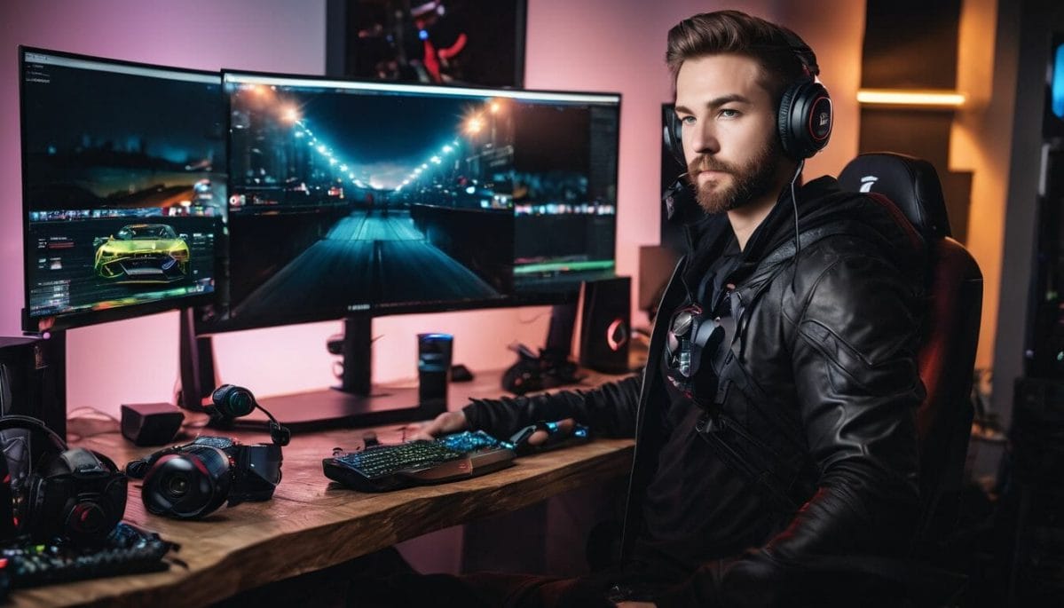 A gamer at a high-performance desk surrounded by technology and photography.