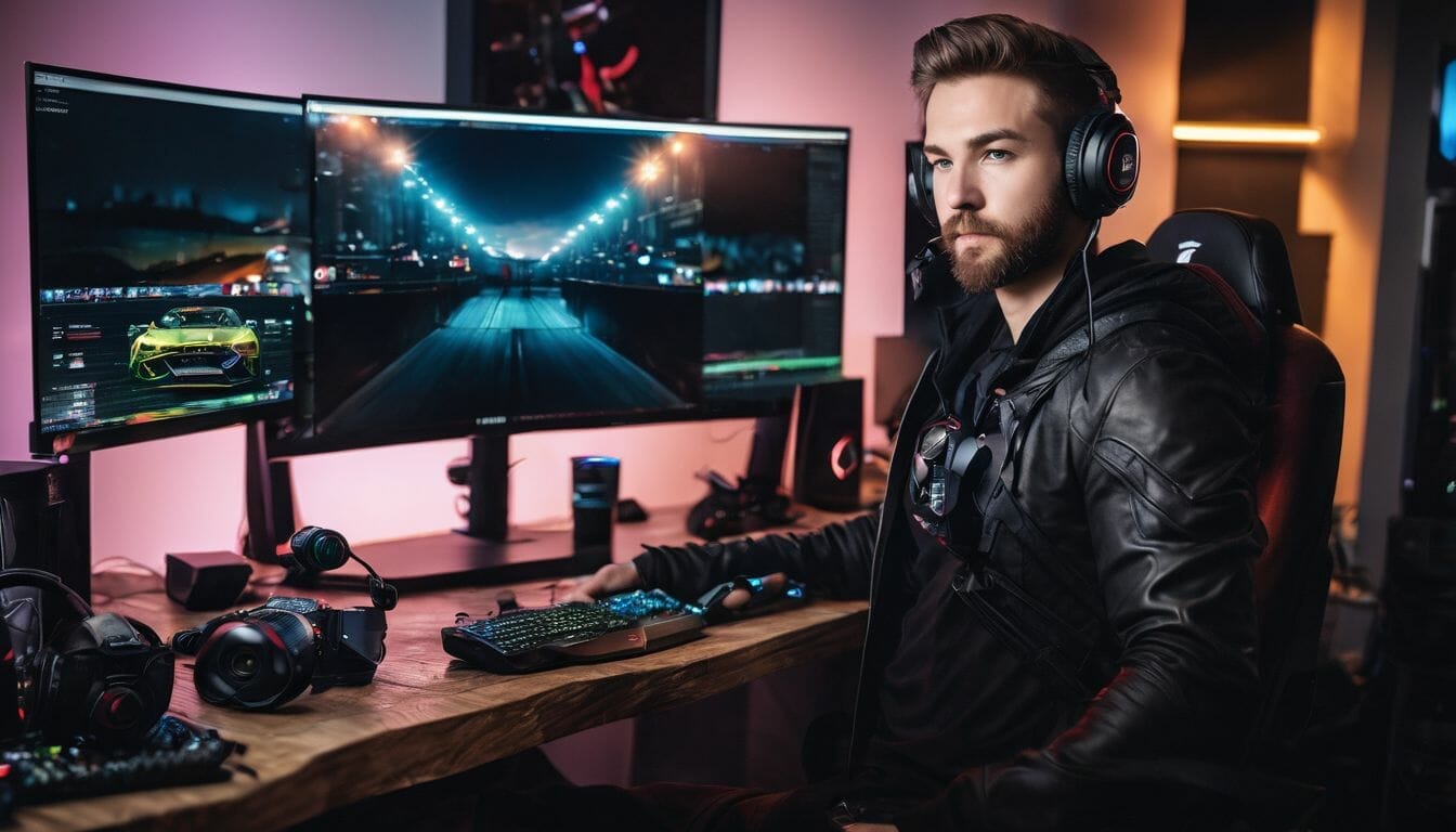 A gamer at a high-performance desk surrounded by technology and photography.