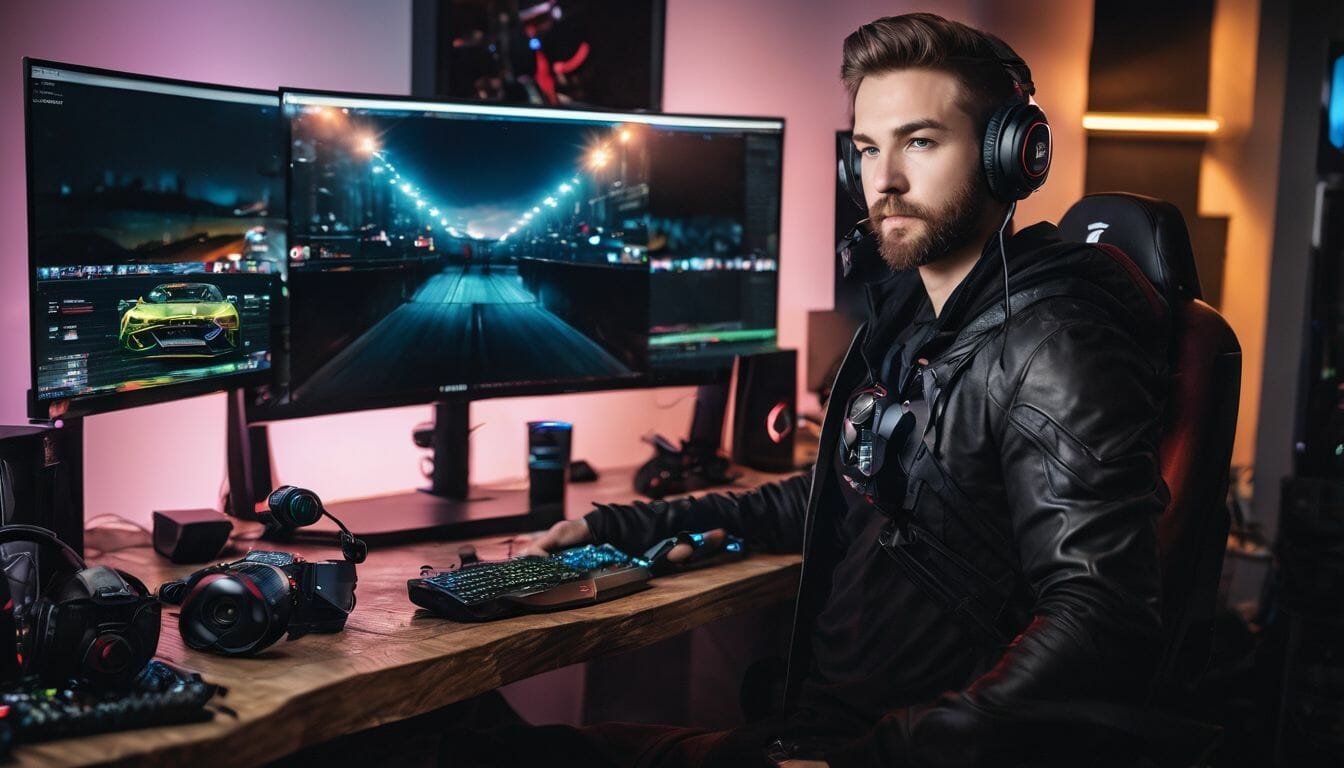 A gamer at a high-performance desk surrounded by technology and photography. A gamer at a high-performance desk surrounded by technology and photography.
