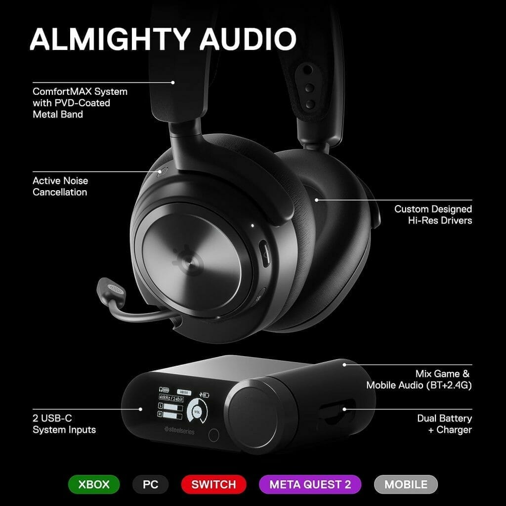 SteelSeries Arctis Nova Pro Wireless Xbox Multi-System Gaming Headset - Premium Hi-Fi Drivers - Active Noise Cancellation Infinity Power System - Stealth Mic - Xbox, PC, PS5, PS4, Switch, Mobile