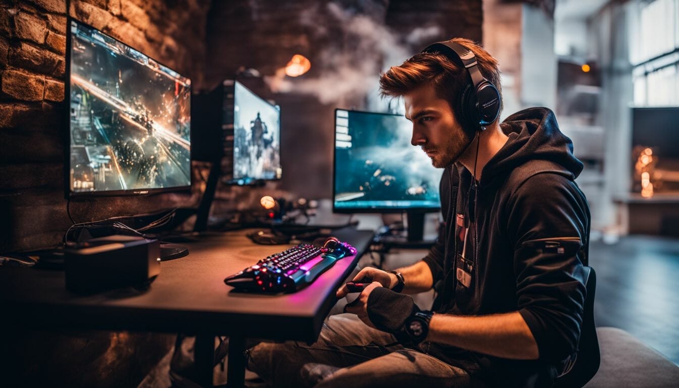 A gamer playing on a compact PC in an organized setup.