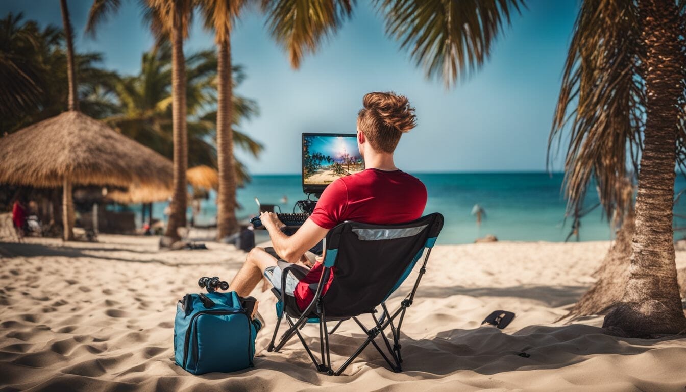 A gamer playing on a mini PC on a tropical beach.