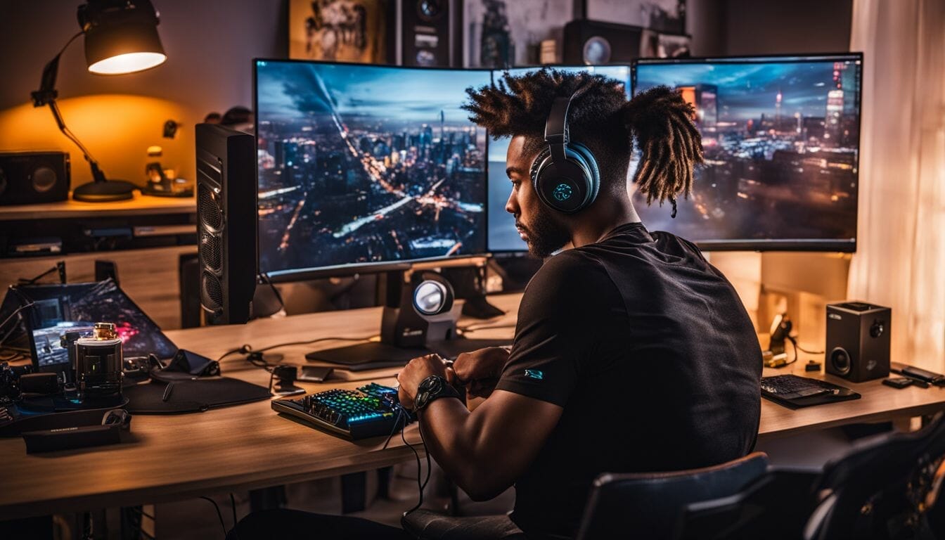 A gamer surrounded by accessories and a vibrant cityscape.
