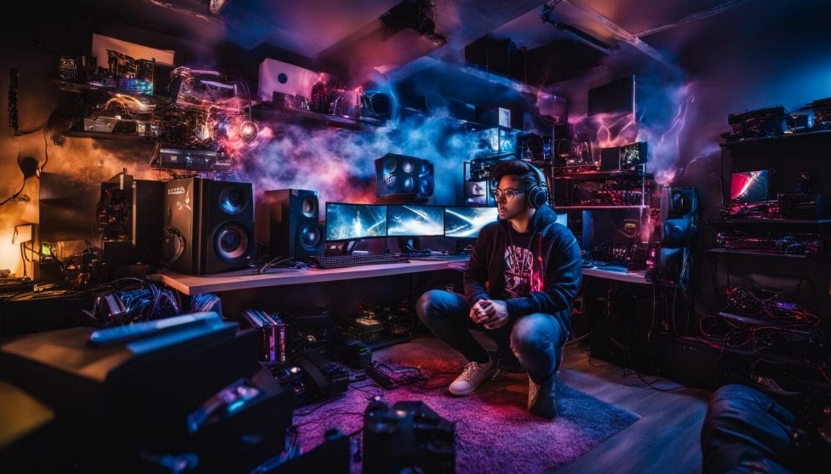 A gamer surrounded by computer components in a futuristic gaming setup.