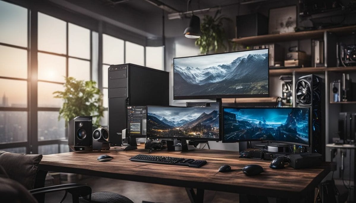 Neatly organized desk setup featuring powerful gaming PC and photography.