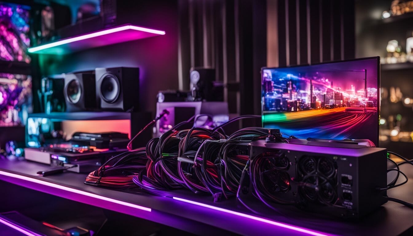 A vibrant gaming setup with diverse people and colorful cables.