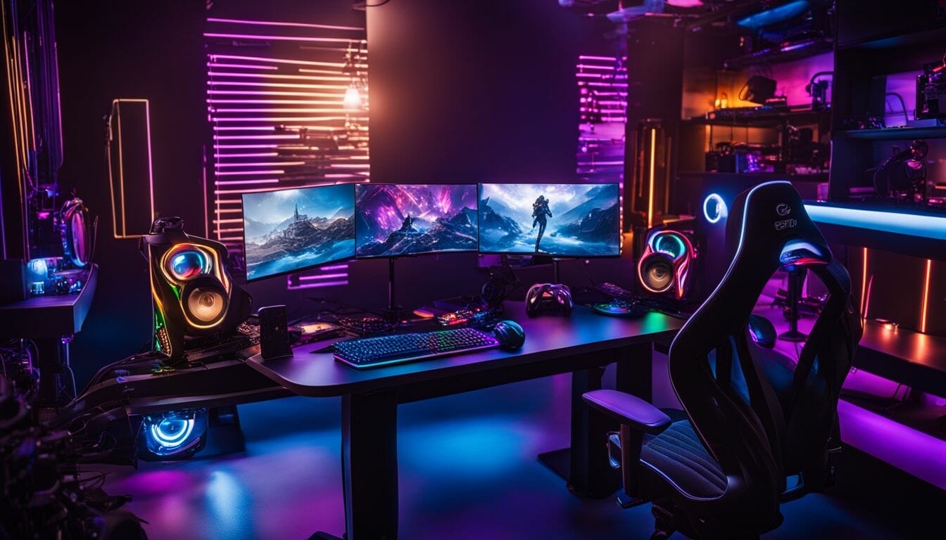 Futuristic gaming setup with high-end Intel motherboard and various accessories.