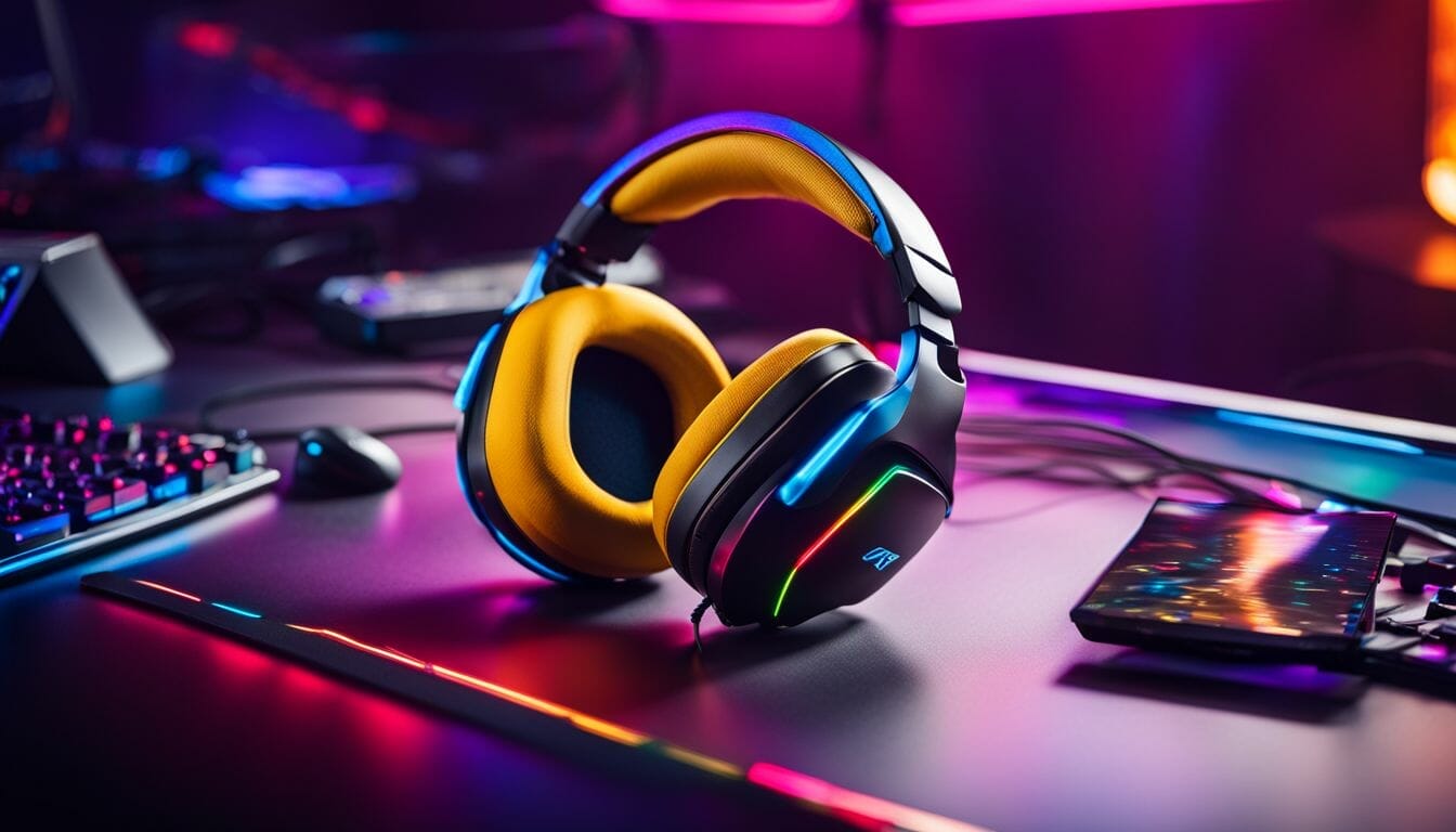 An open gaming headset on a sleek gaming setup with vibrant sound waves.