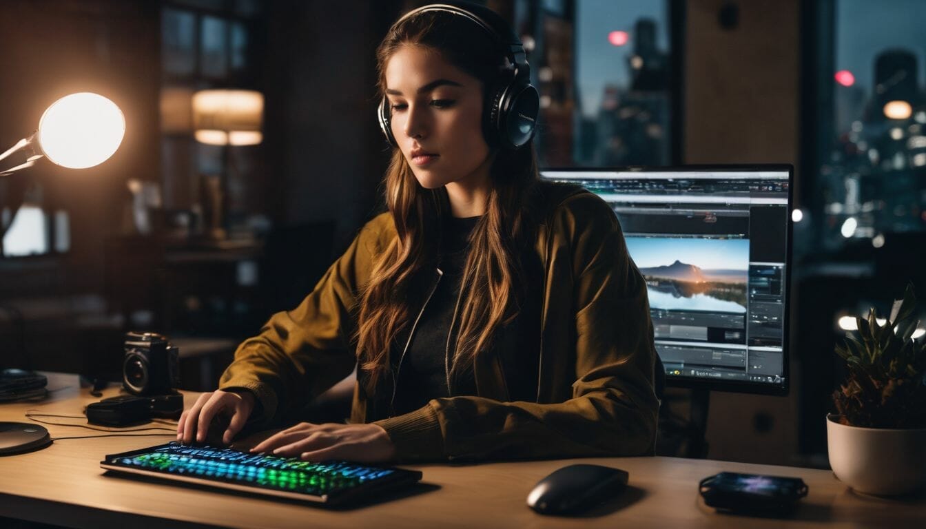 A person adjusting sound settings on a computer with headphones.