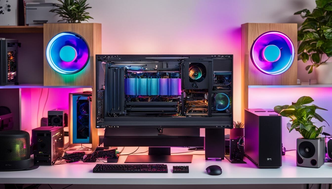 An open PC case with colorful cooling fans in a modern computer setup.