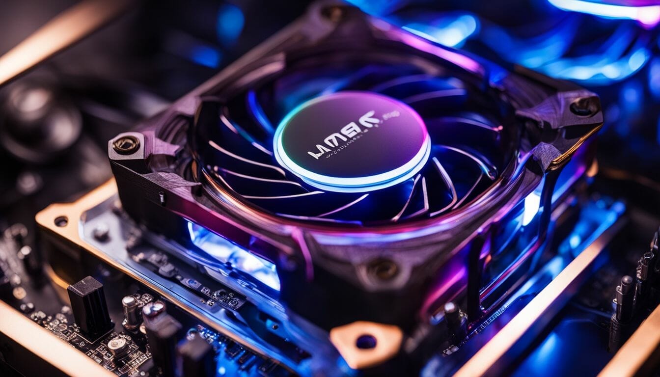 A close-up of a high-end liquid cooling block with LED lights. A close-up of a high-end liquid cooling block with LED lights.