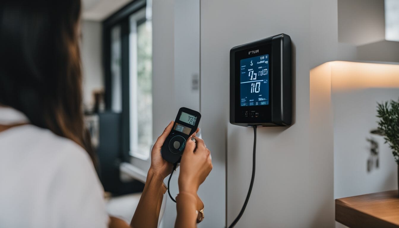 A person uses a smart meter to measure power consumption in a modern home.