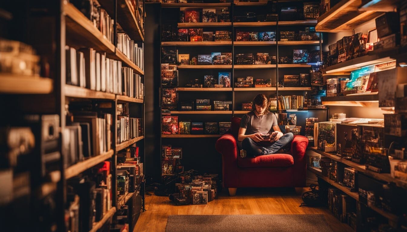 A gamer surrounded by video game boxes in a well-lit room.
