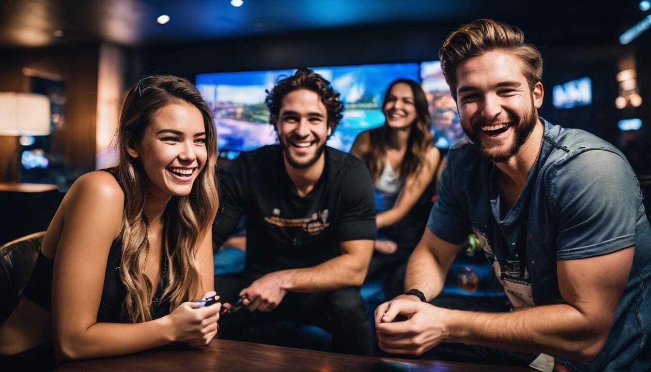 A diverse group of friends having fun playing video games together.