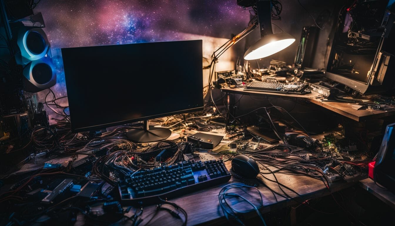 A broken gaming PC with scattered parts on a messy desk.