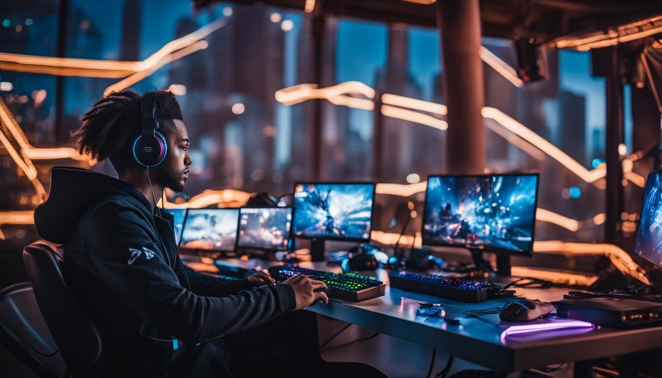 A gamer surrounded by futuristic technology in a bustling cityscape.