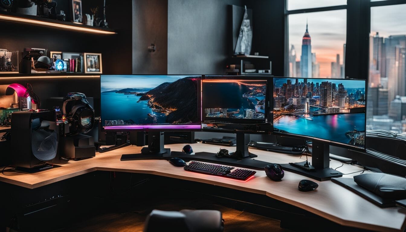 A high-end gaming setup with multiple monitors and RGB lighting.