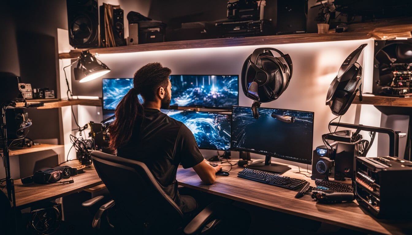 A person at a desk with a gaming PC setup.