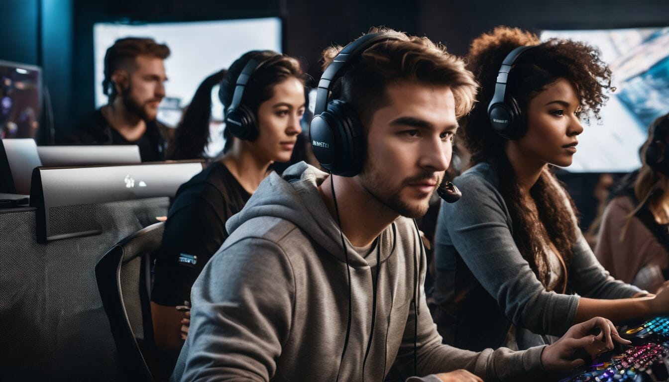 A diverse group of people gaming on different generations of PCs.