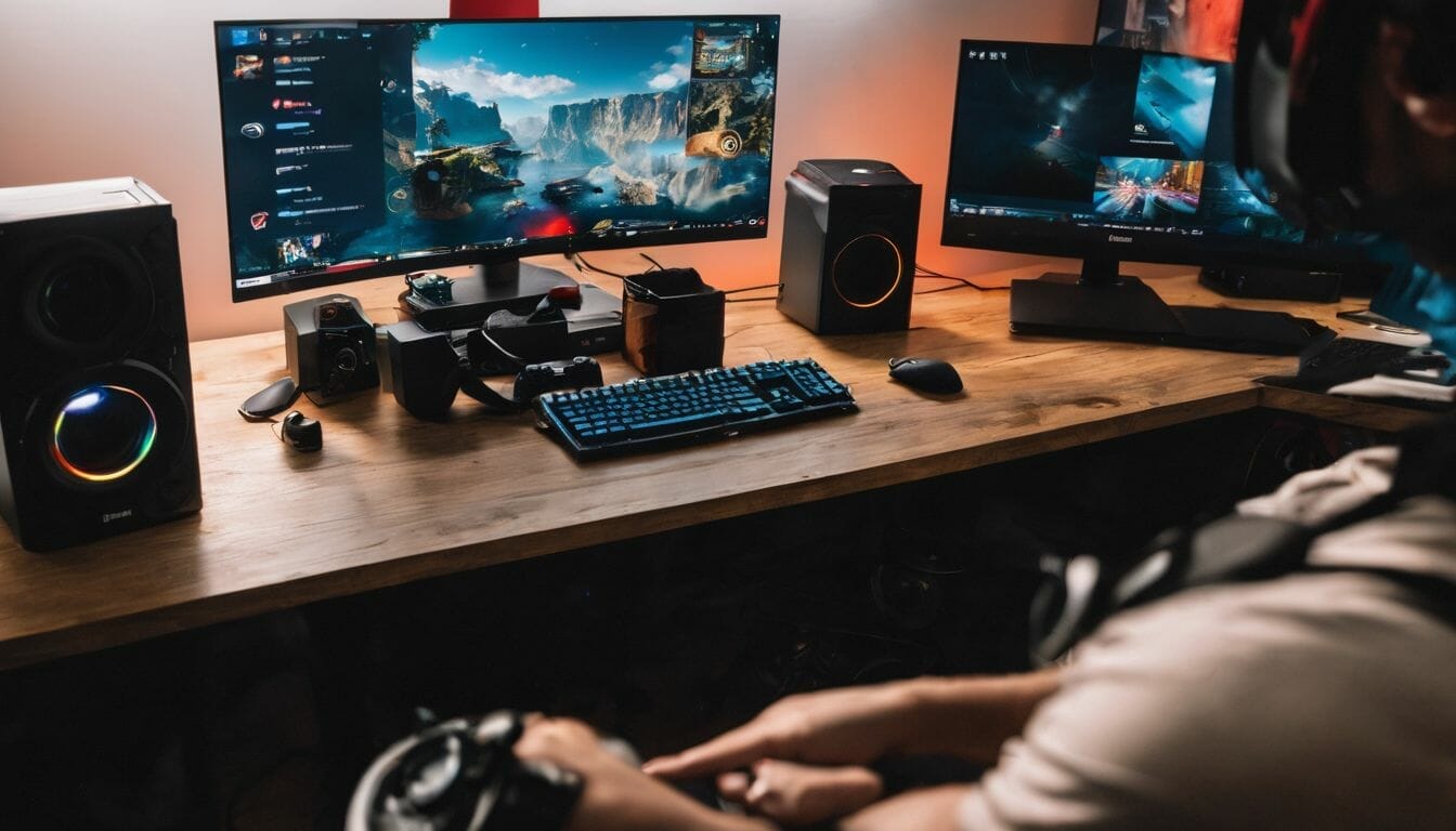 A person playing video games surrounded by gaming accessories and equipment.