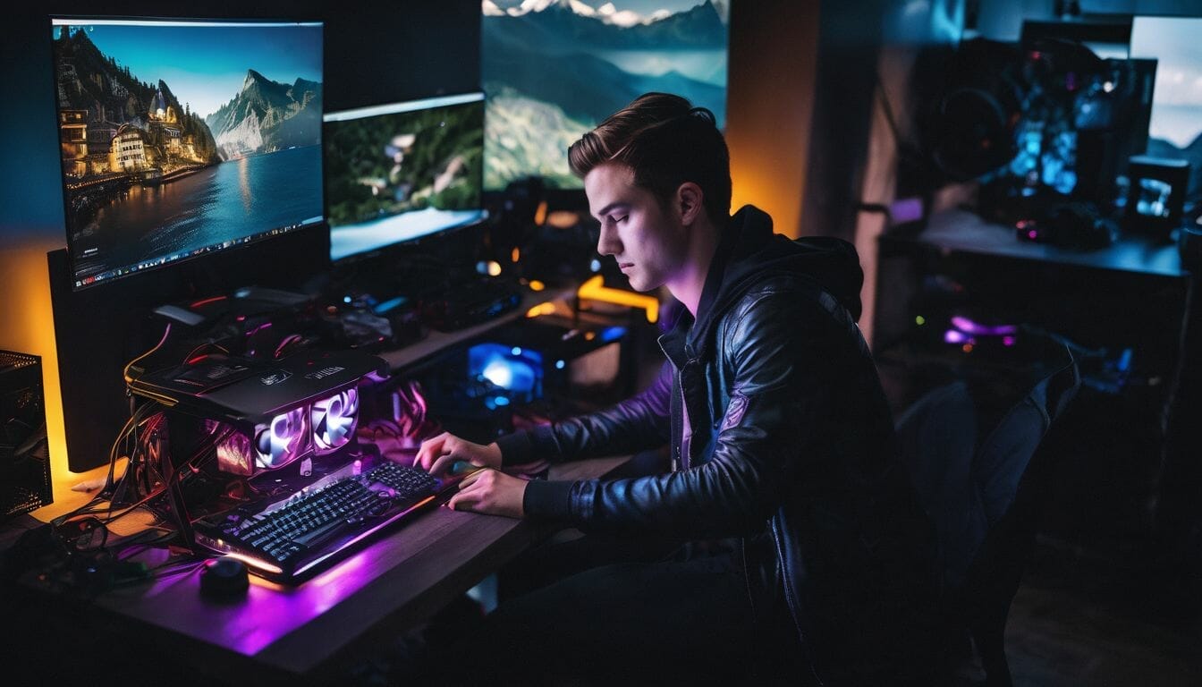 A person building a gaming PC with computer components around them. A person building a gaming PC with computer components around them.