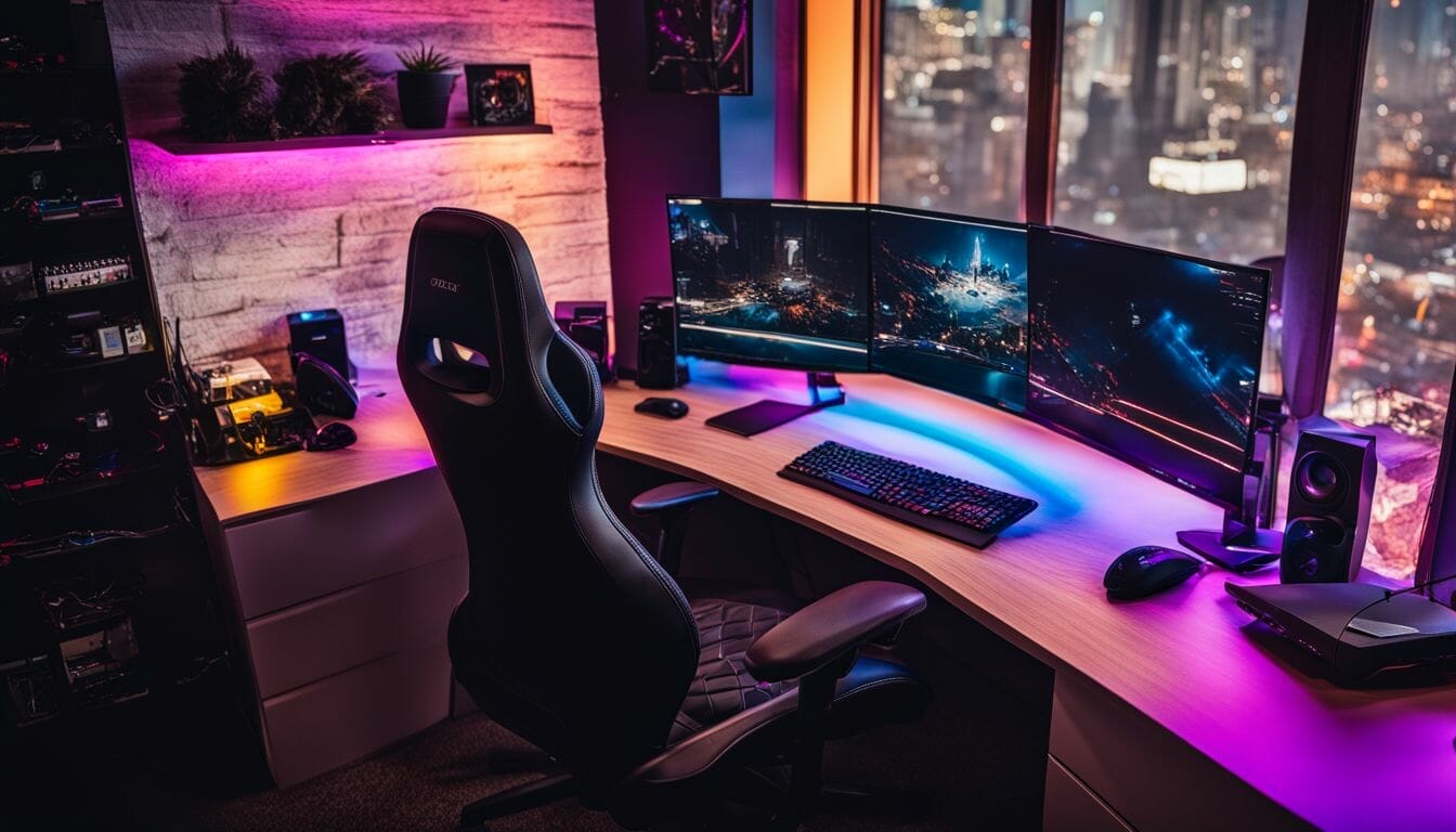 A stylish gaming PC setup with diverse people, cityscape photography, and professional equipment.
