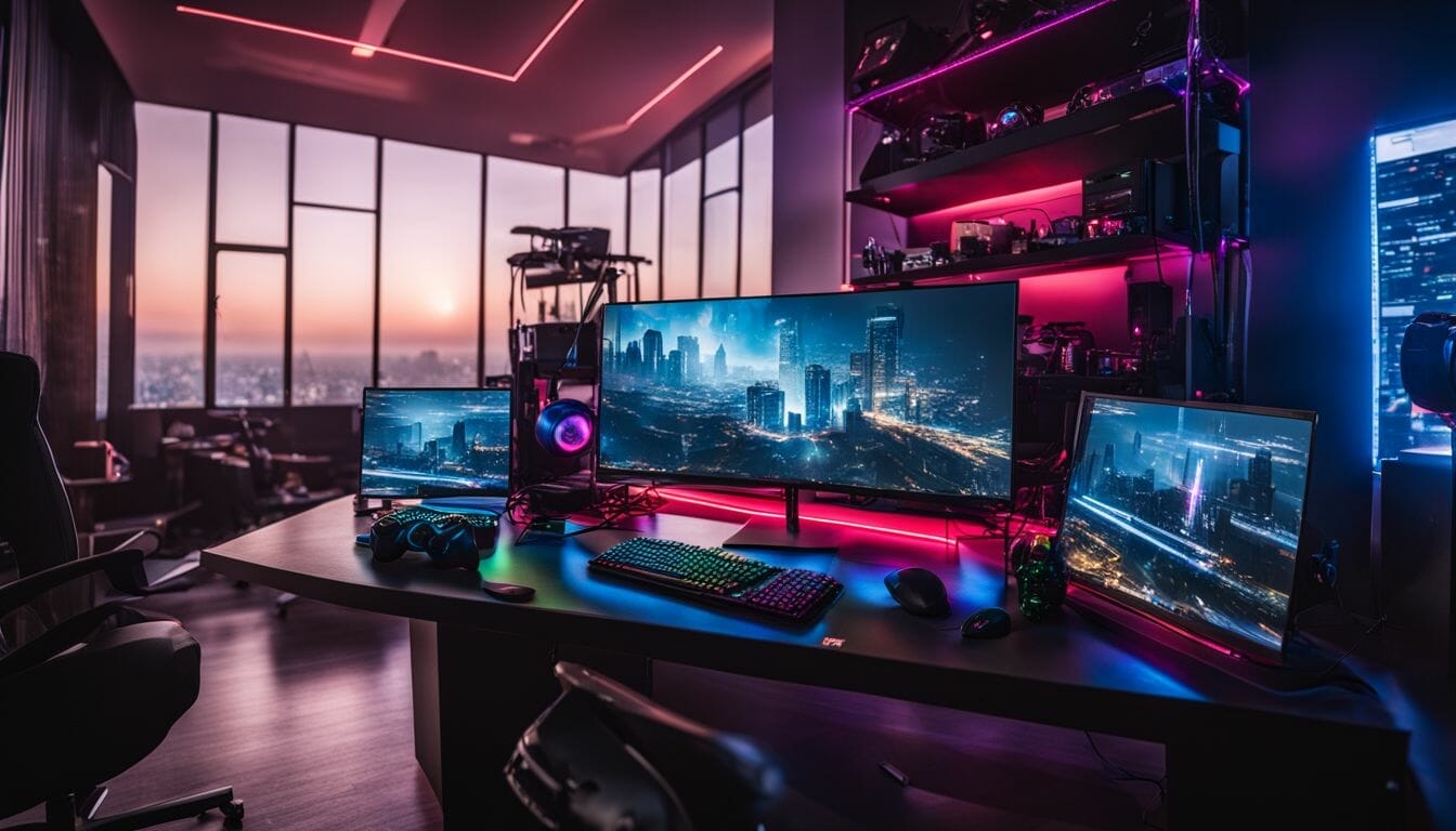 A futuristic gaming setup with diverse people surrounded by high-tech equipment.