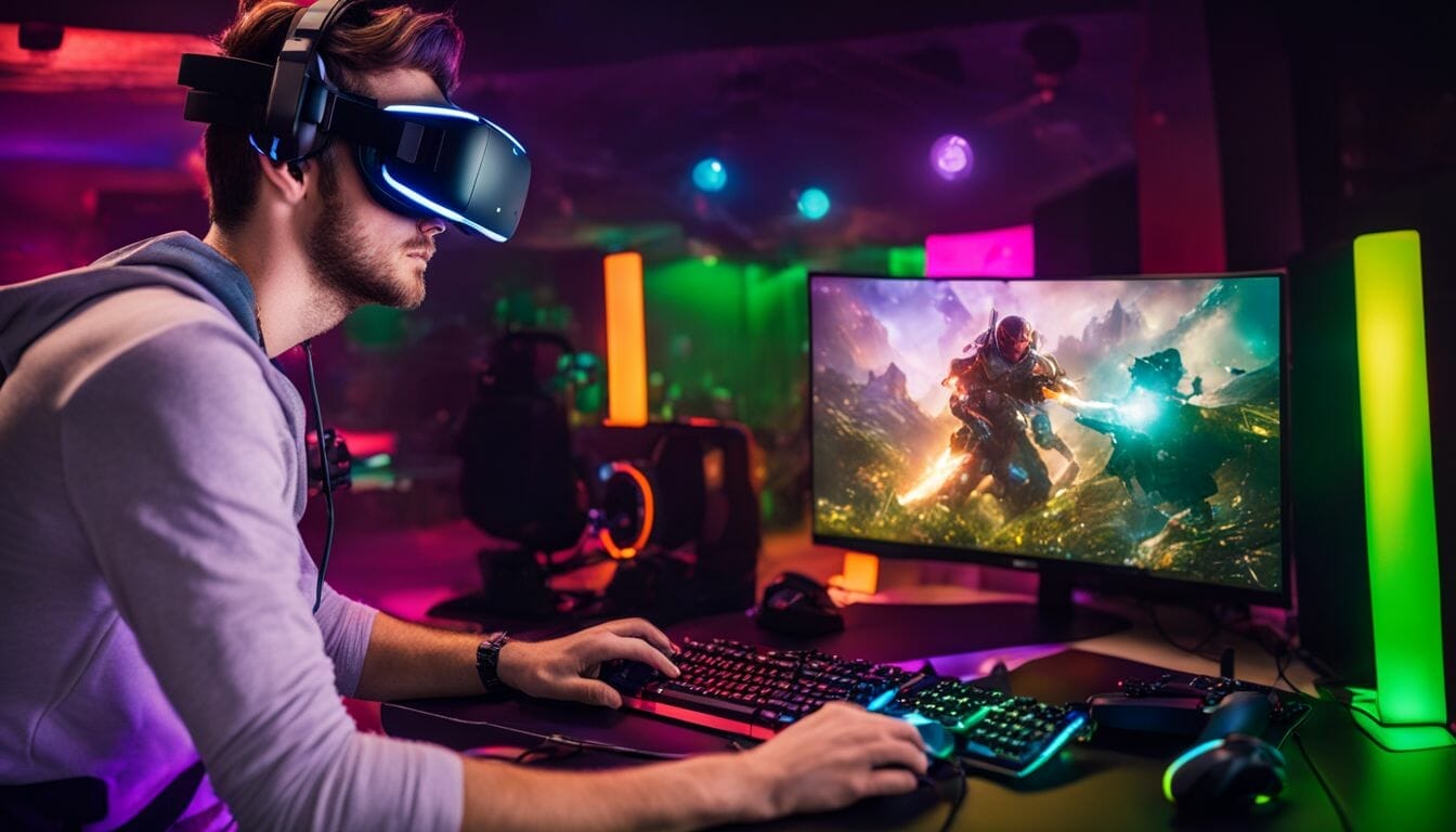 A Caucasian gamer engrossed in virtual reality surrounded by gaming peripherals.