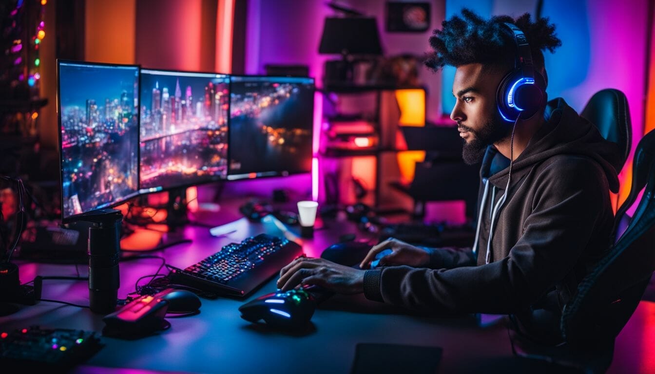 A gamer with a budget PC setup surrounded by colorful decorations.
