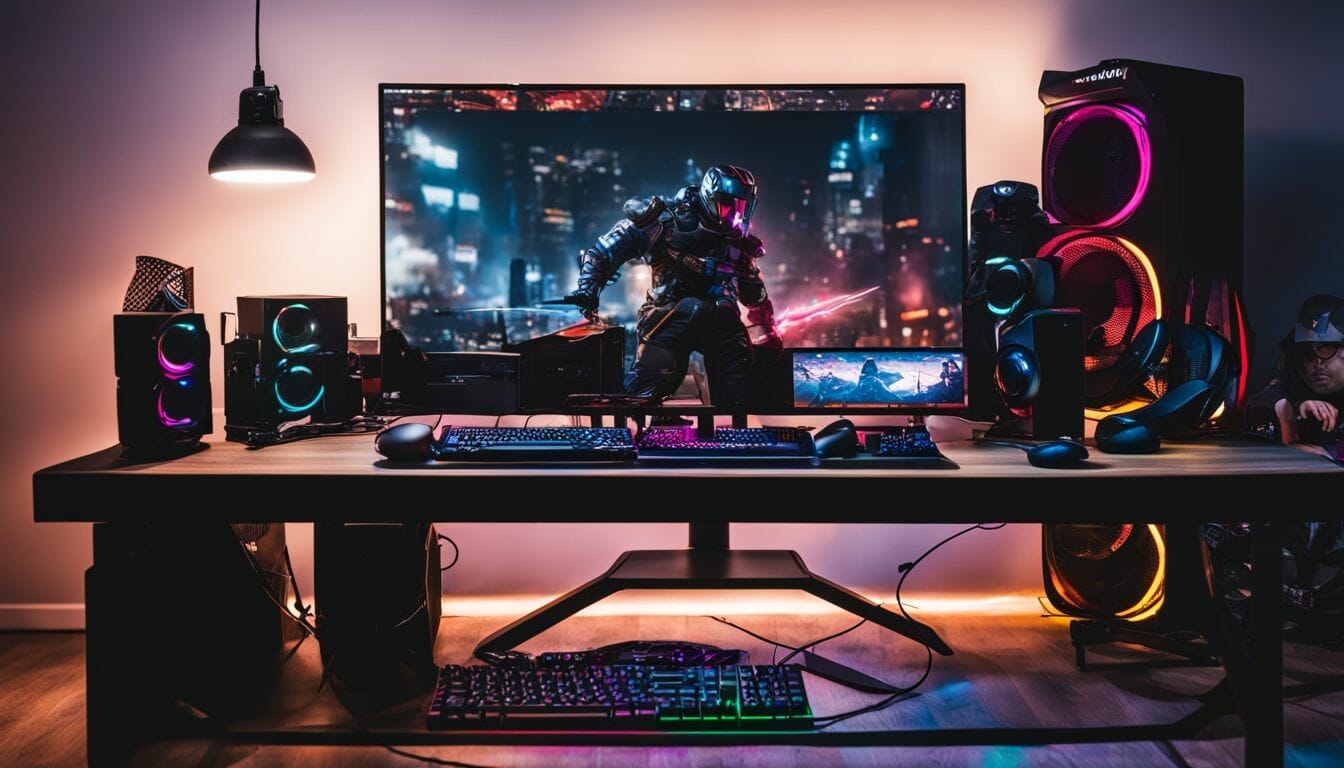 A gaming setup surrounded by diverse faces, cityscape photography, and accessories.