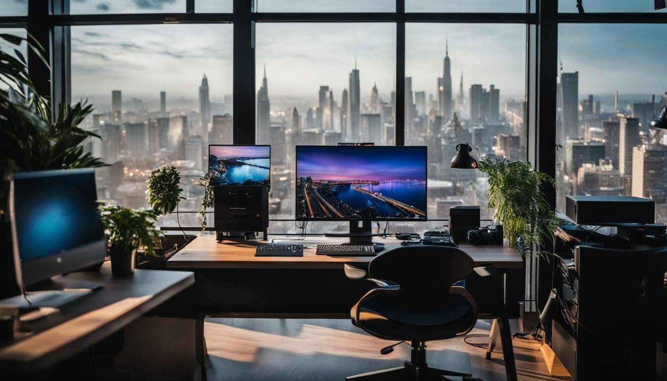 Sleek, powerful gaming setup with diverse faces in a city environment. Sleek, powerful gaming setup with diverse faces in a city environment.