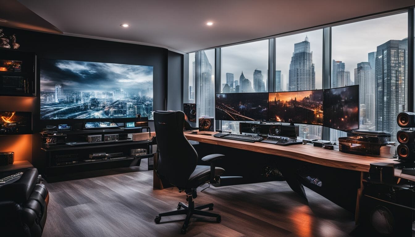 Summary: A modern gaming setup with diverse cityscape photography and people.