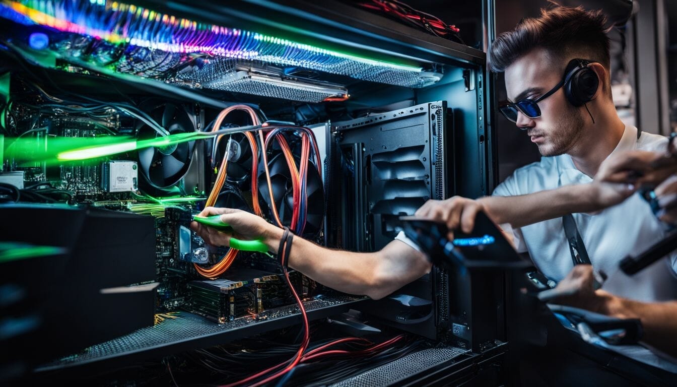 Technician installing liquid cooling system in gaming PC, variety of individuals.