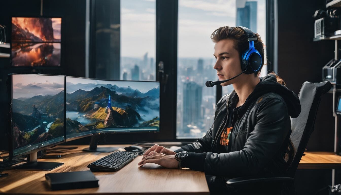 A person at a desk surrounded by gaming equipment and cityscape photography.