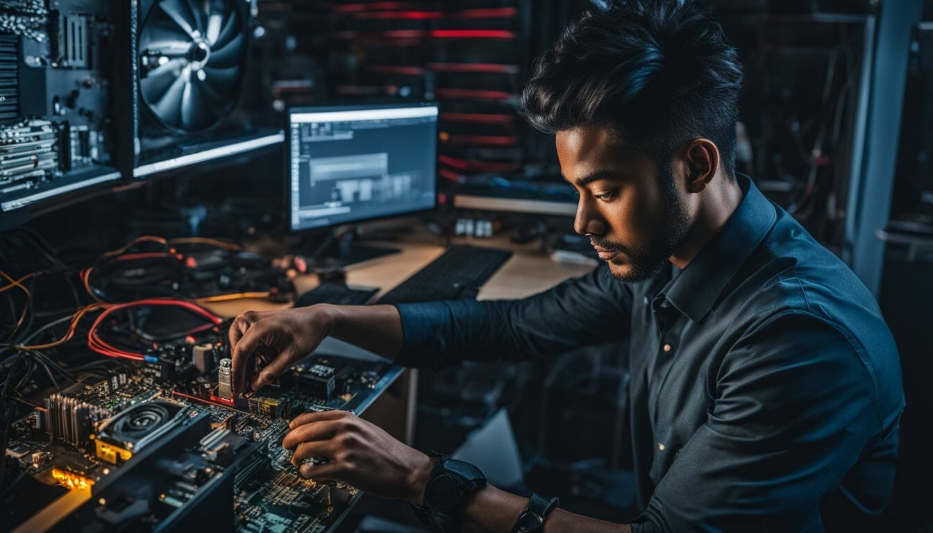 A computer technician overclocking a motherboard in a busy environment.