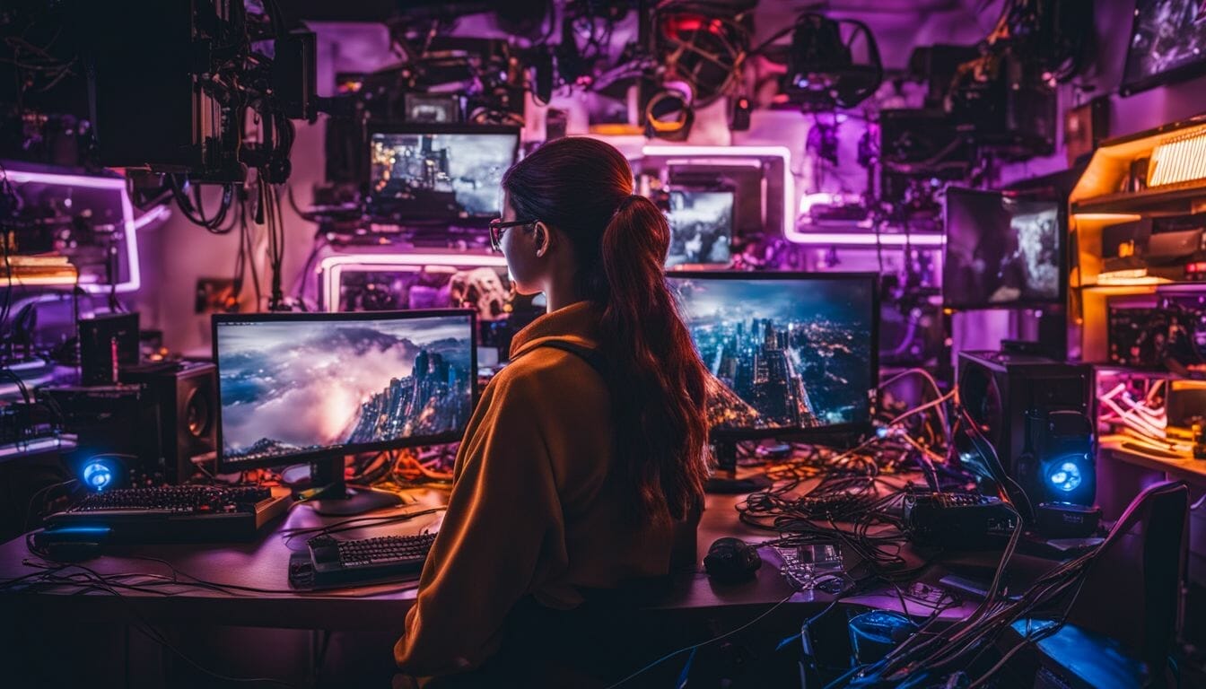 Computer enthusiast surrounded by gaming equipment and cityscape photography.