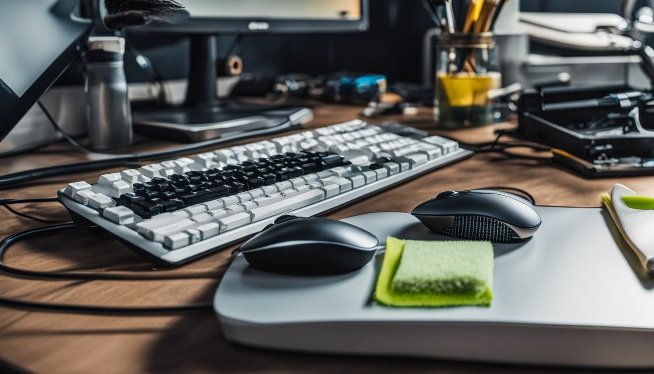 A close-up still life photograph of a computer keyboard and mouse.