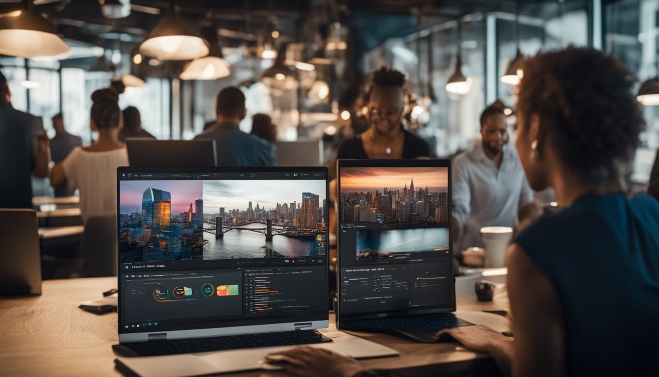 A computer screen showing a software update progress with various photos.