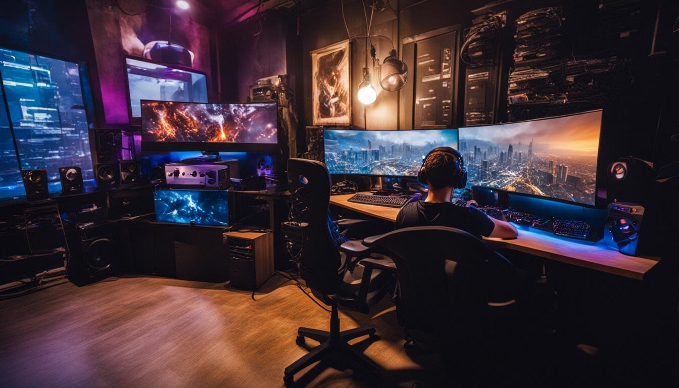 A gamer surrounded by computer fans in a well-lit room. A gamer surrounded by computer fans in a well-lit room.