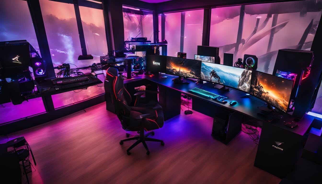Futuristic gaming PC setup with RGB lighting and high-performance components.
