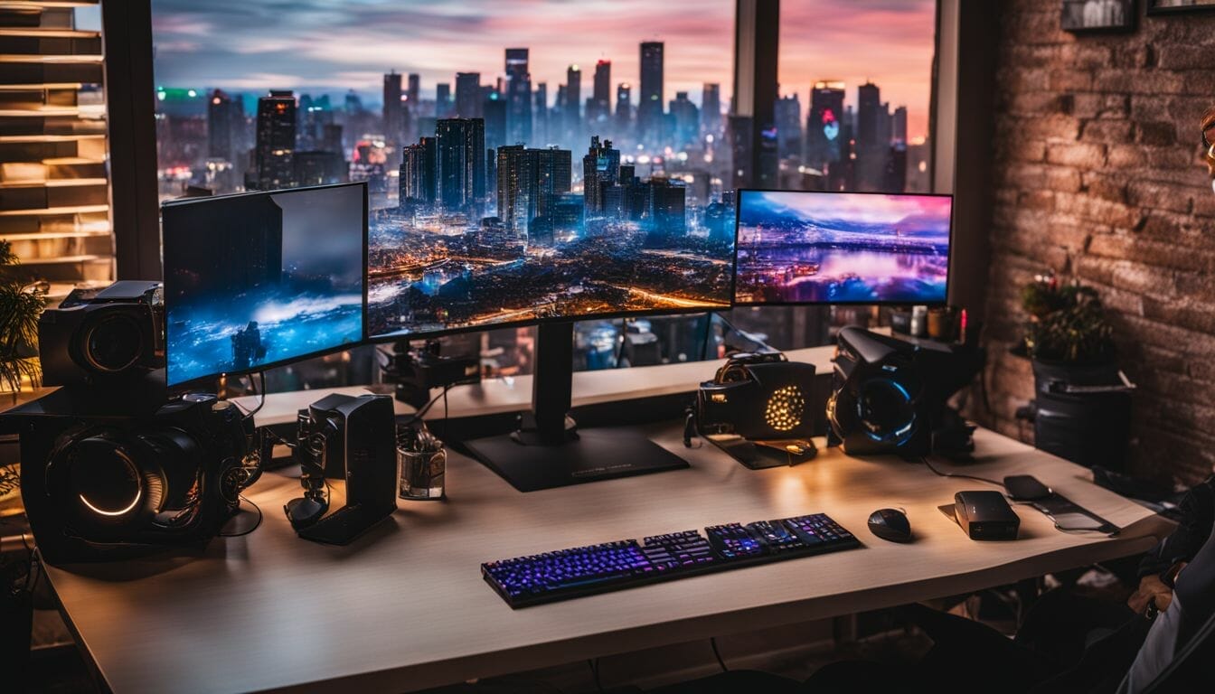 Gaming setup with high-end PC and ultrawide monitor, cityscape photography.