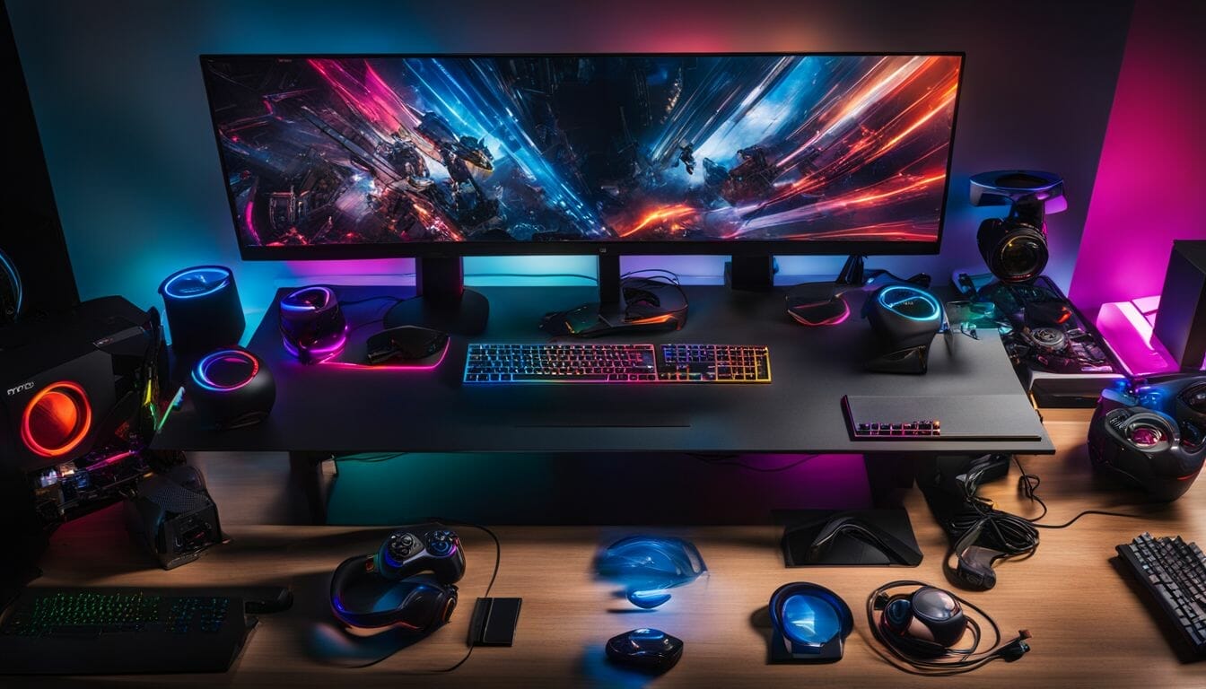 A colorful array of gaming PC components on a modern desk. A colorful array of gaming PC components on a modern desk.