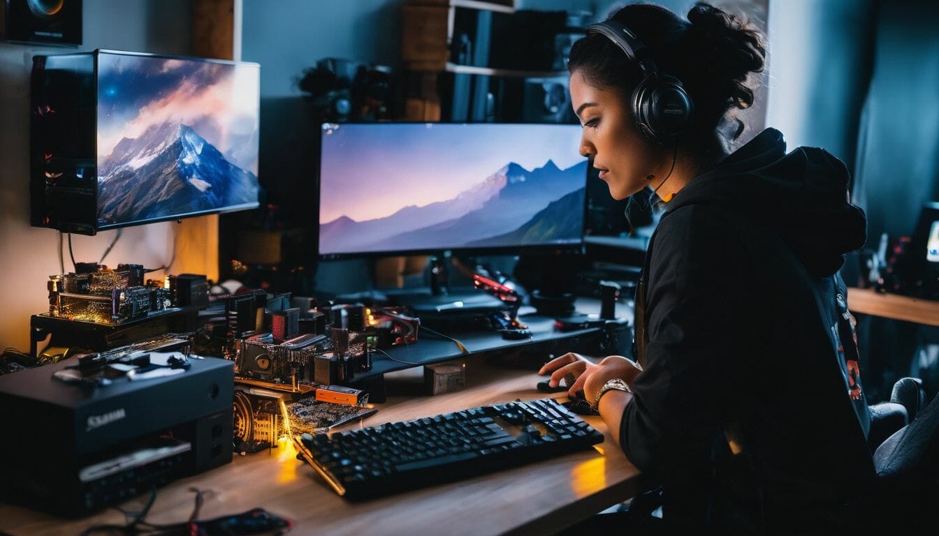 Person assembling gaming PC surrounded by computer components, tools, and technology. Person assembling gaming PC surrounded by computer components, tools, and technology.